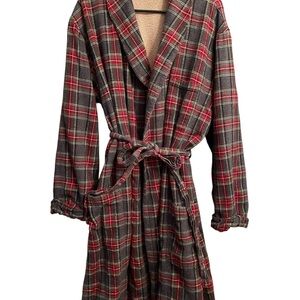 Vintage LL Bean Mens Large Plaid Gray&Red Belted Robe